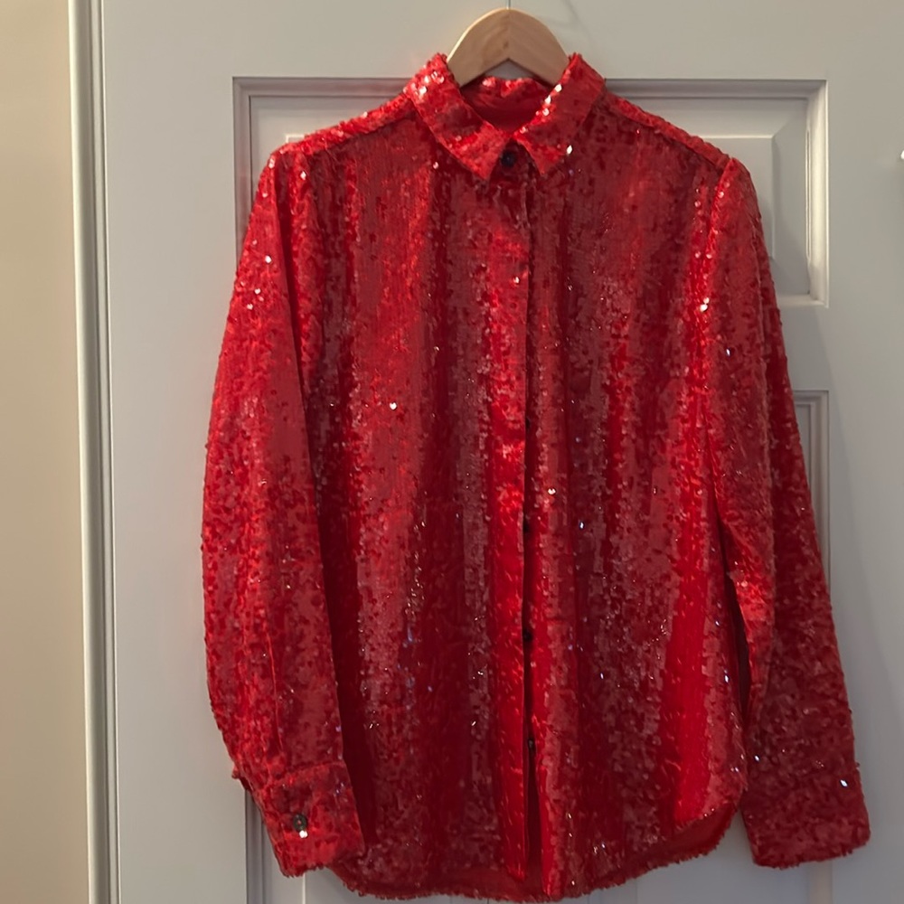 J Crew Collection Classic fit red Sequin Shirt item B0028 NWT